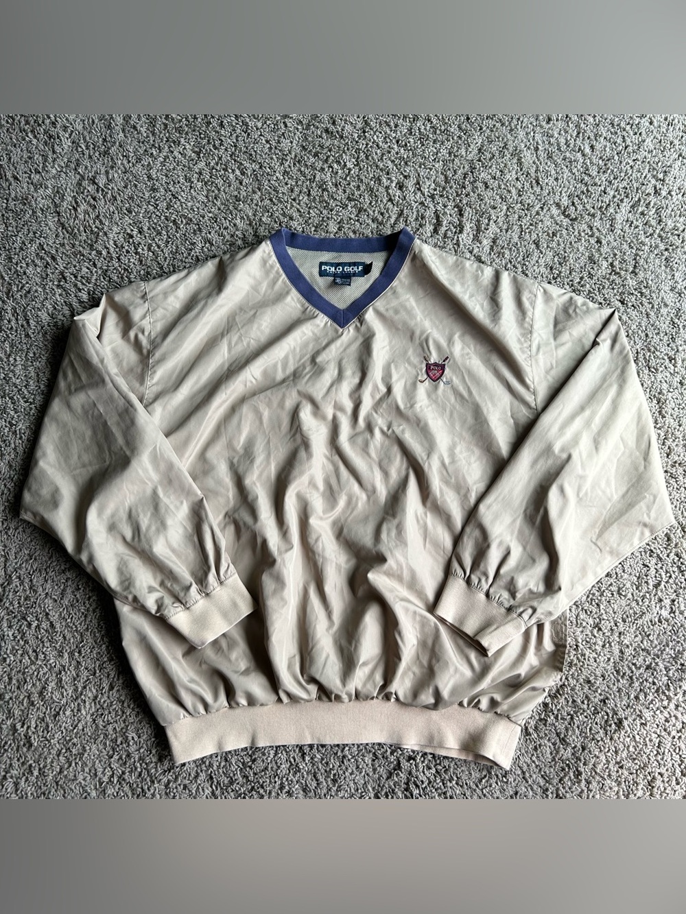 VTG 90s Polo Golf Windbreaker Mens Medium Beige/Brown V-Neck Tartan Shield Logo